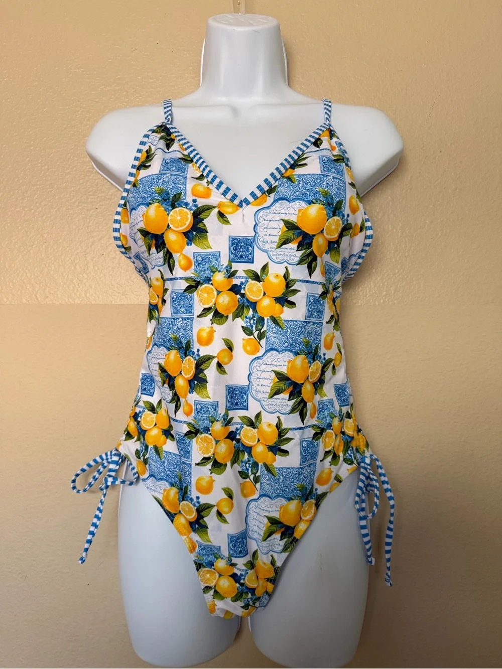 Women's Boho Lemon Print One-Piece Swimsuit - Blue & Yellow